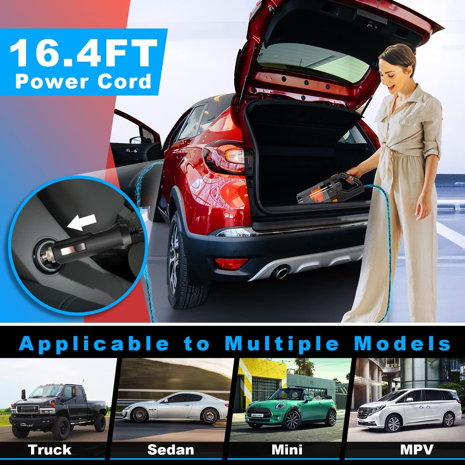 Car Vacuum Cleaner, Portable Car Vacuum High Power 150W/7500Pa, Handheld Vacuum for Car Interior Accessories Cleaning with Wet or Dry for Men/Women, 16.4 Ft Corded - Image 6